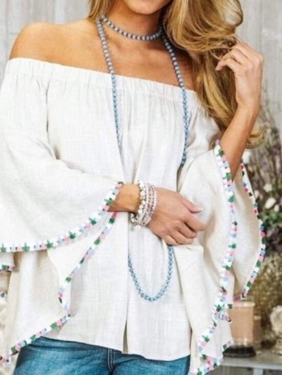 Zara Tops - ZARA Off-Shoulder White 100% Linen Flutter Sleeve Colored Tassel Blouse | SZ XS